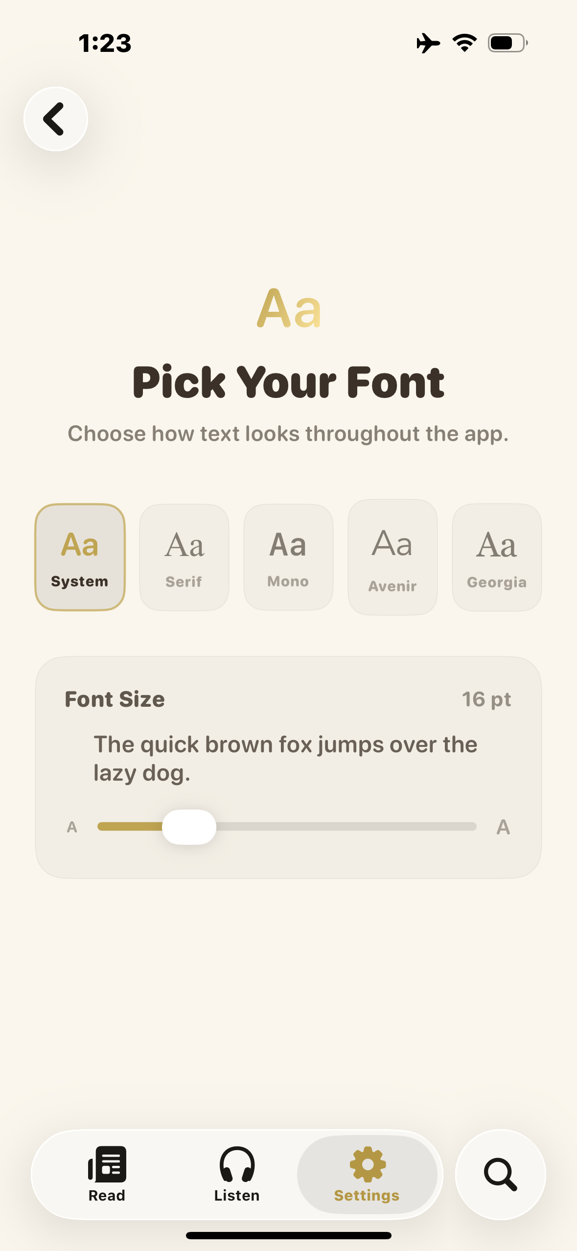Font picker with size adjustment