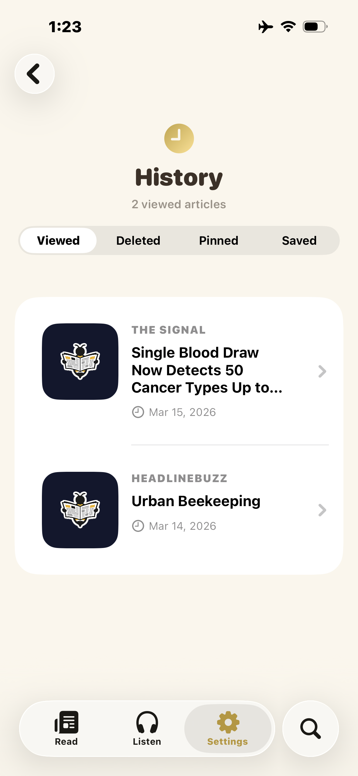 History tab showing viewed and saved articles