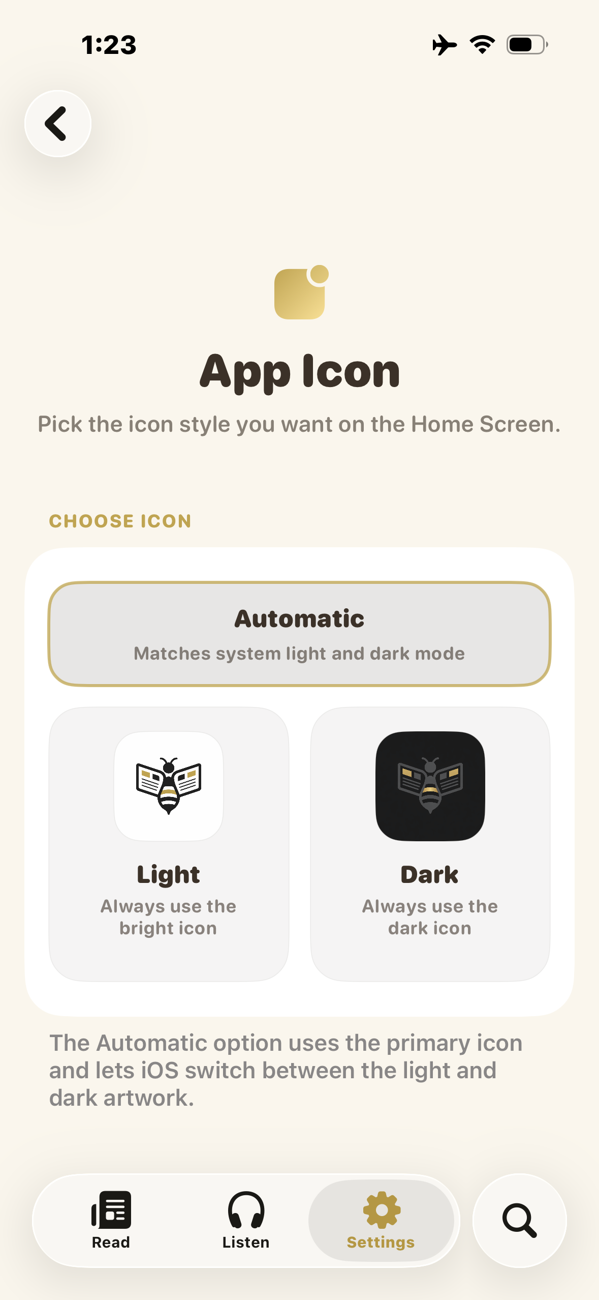 App icon picker with light and dark options