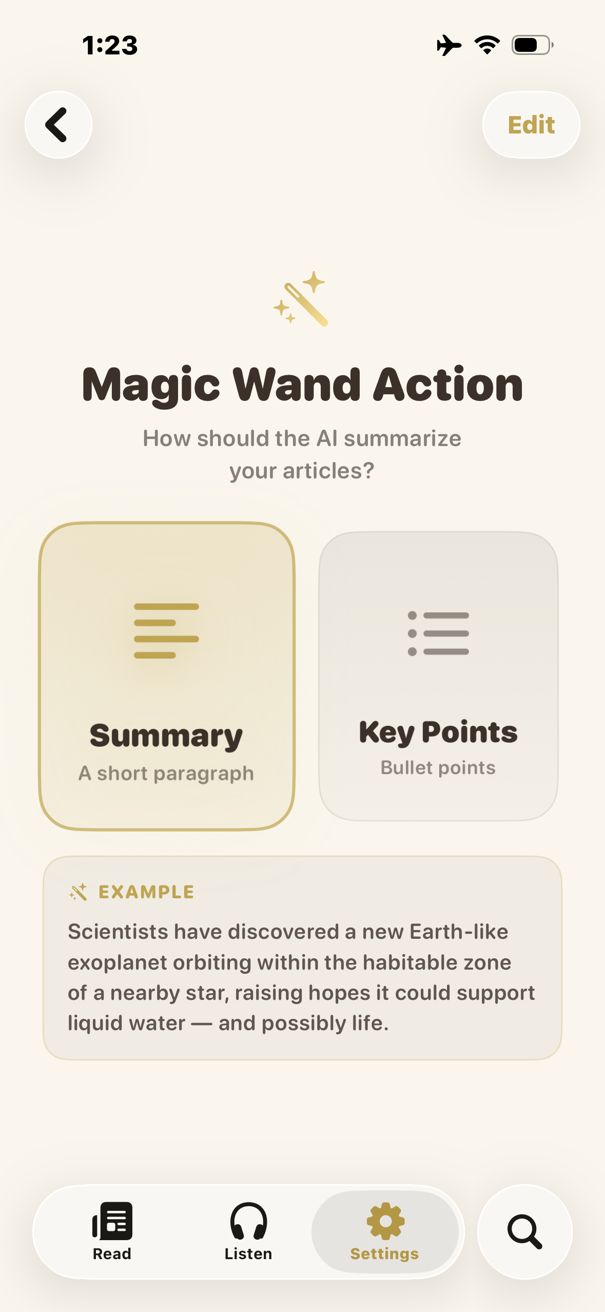 AI Magic Wand summarizing article key points
