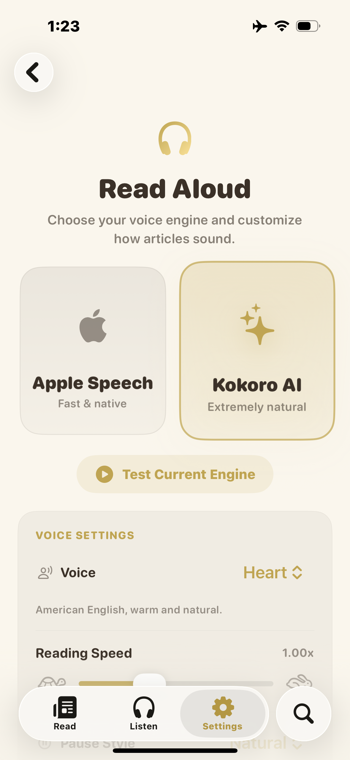 Read Aloud voice engine picker