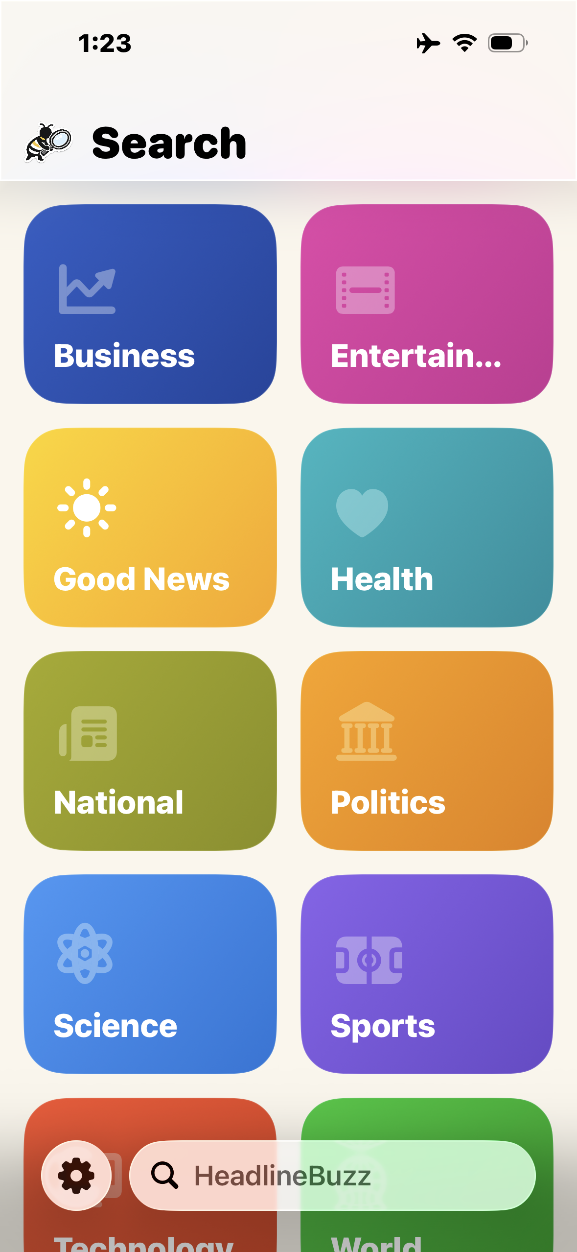 Search tab with category browsing