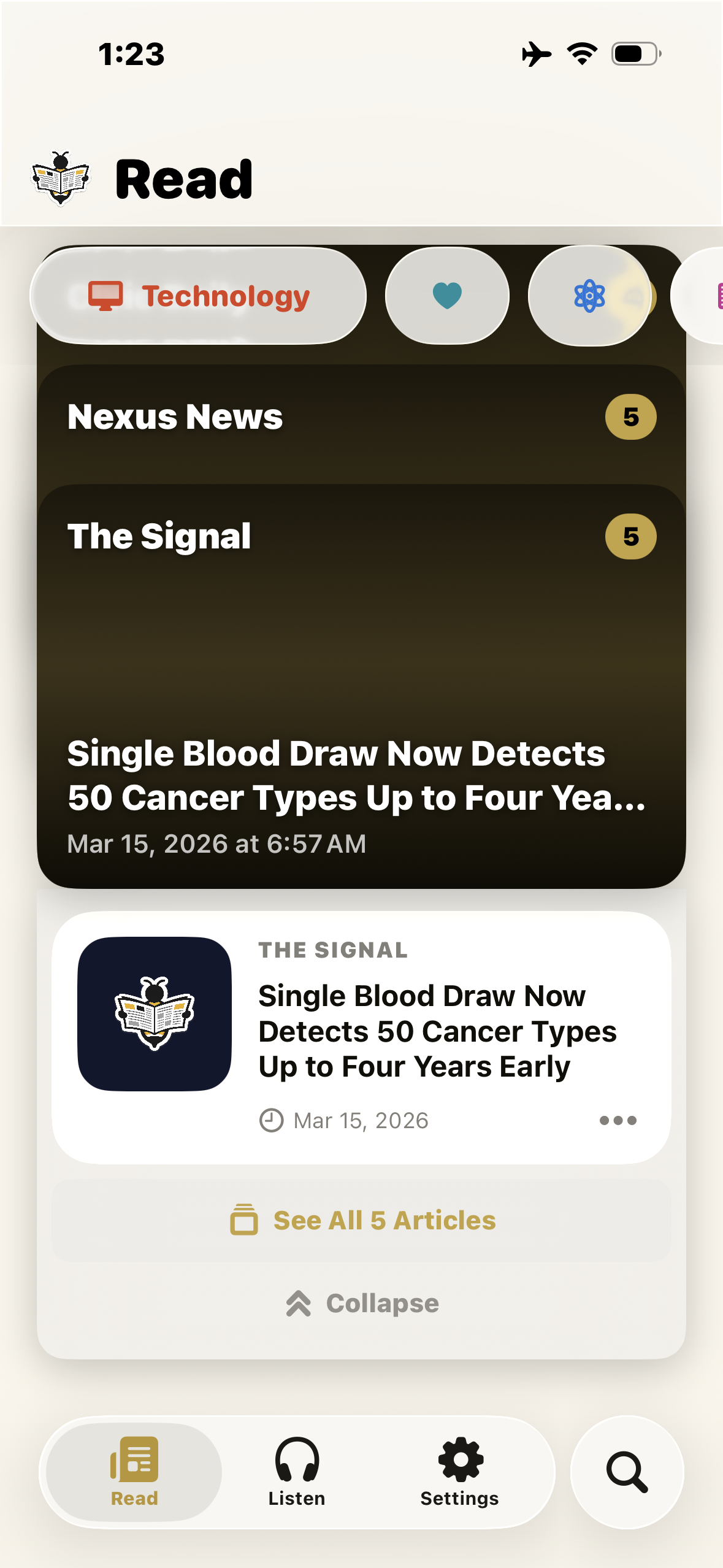 Expanded source card showing article list