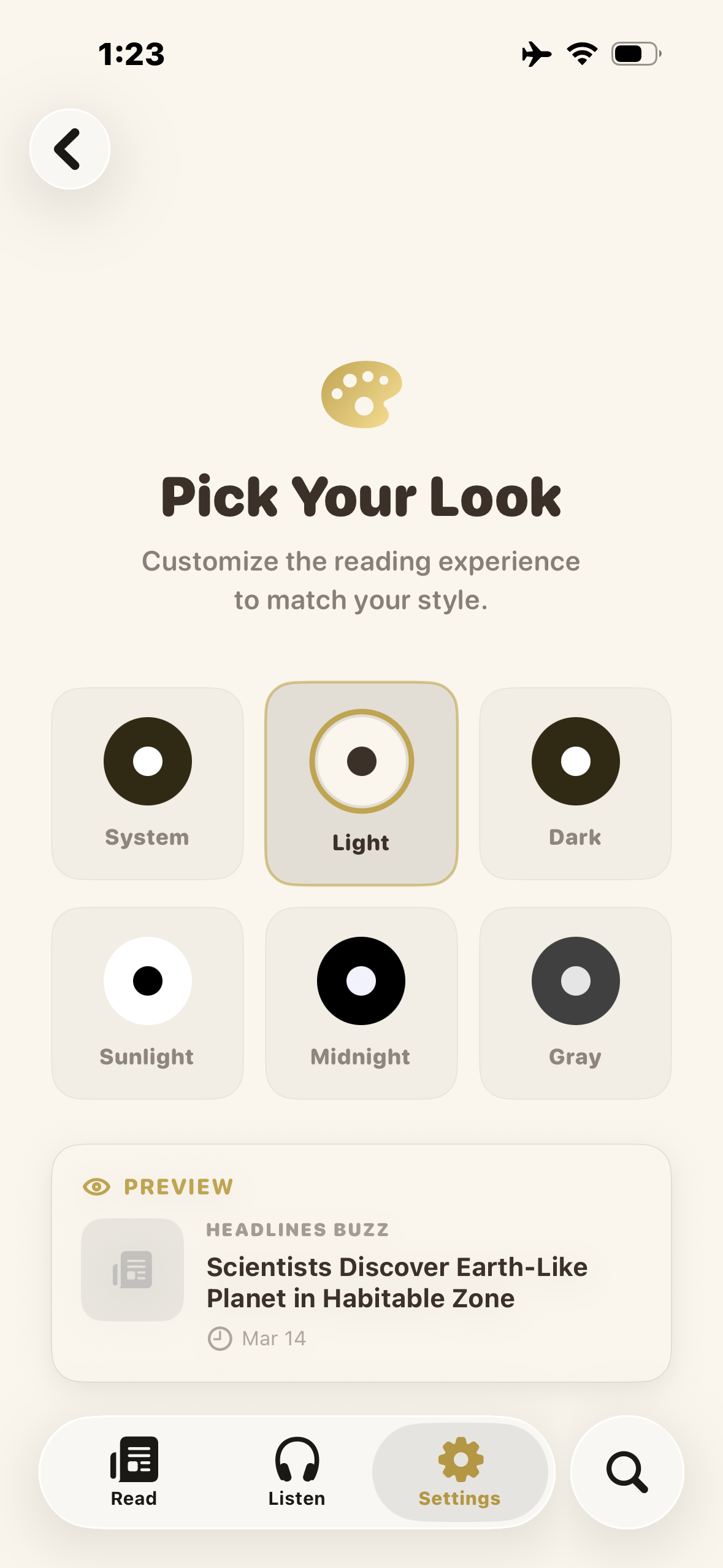 Theme picker with six curated looks