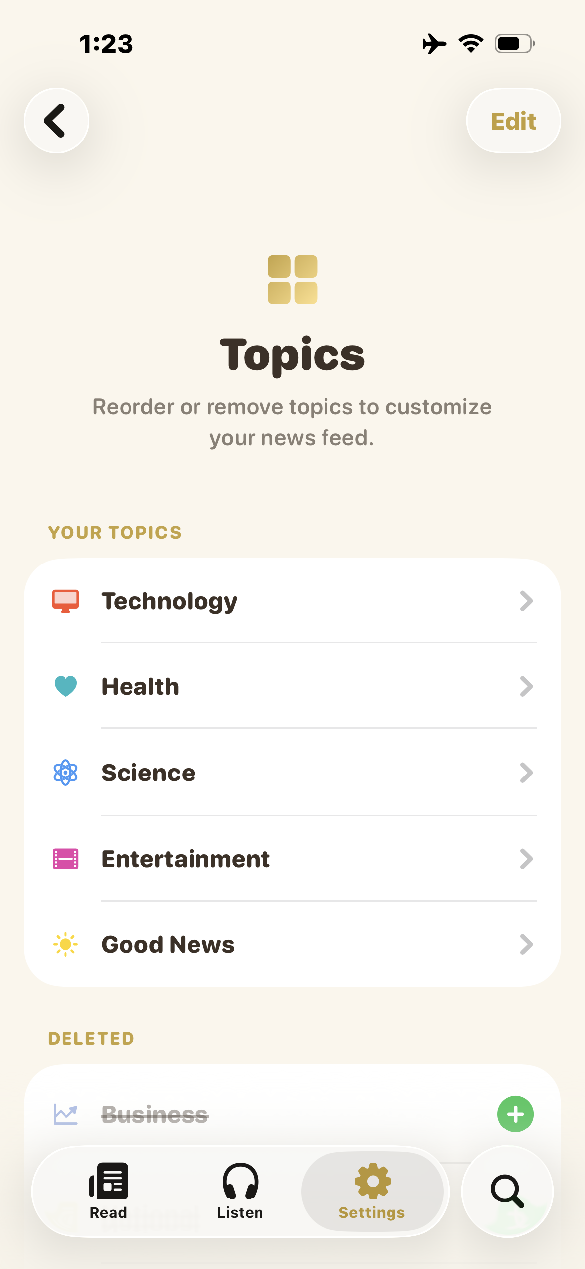 Topics management screen